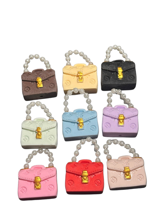 Fancy design handbag with beaded pearl handle/set of 5/hole for jewelry,beaded pens, and phone charms