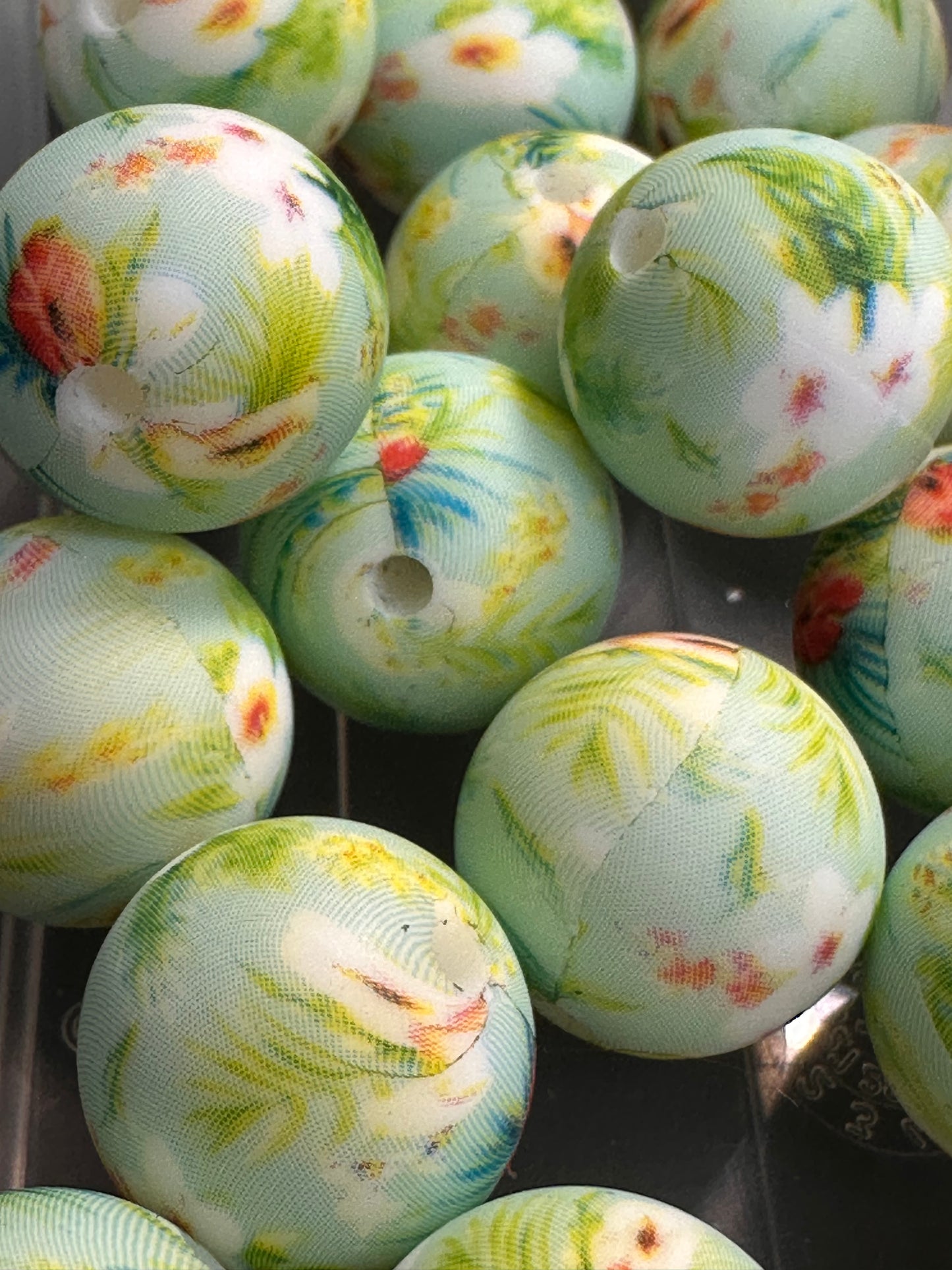 Flowery printed beads /15 mm round shaped/beadable pen/ keychain bead/10 beads included/