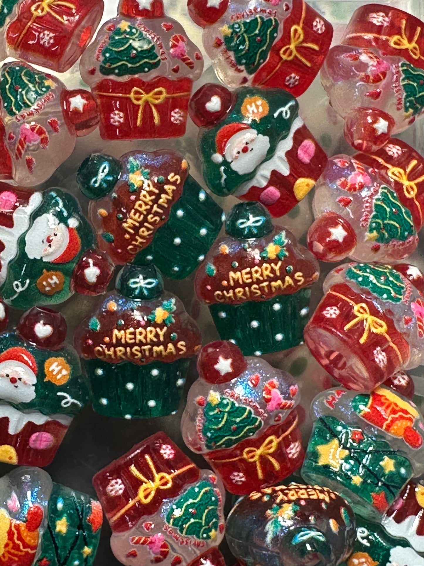 Christmas Cupcake Shaped  Acrylic Beads • 16MM Beads • Pen Beads • Beadable Pen Supplies • DIY Craft Beads • Random Mix – Set of 10