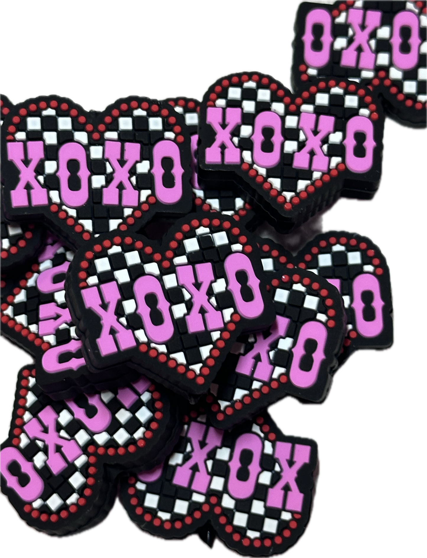 Heart Love XOXO beads/ beadable pen/ Silicone bead/ keychain bead/Valentines Day hearts/ checkered/ racing flag