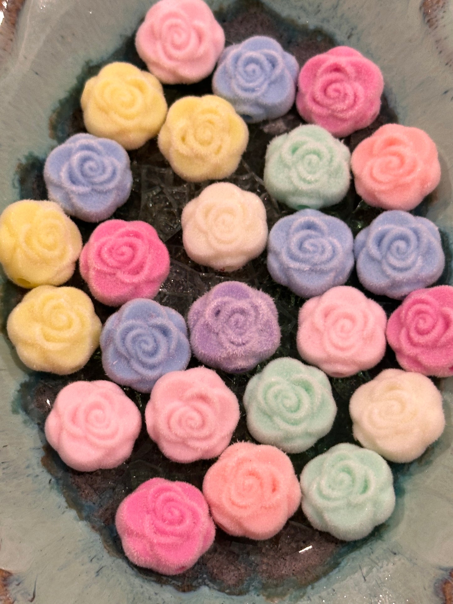 Flocked rose flower beads/ Ten (10) beads included/pen beading/ jewelry DIY/15mm/ assortment of colors