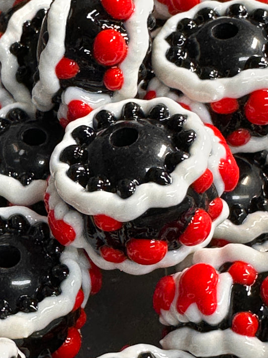 Hand painted handmade Beads – elegant handcrafted beads/hearts and bows beads/ fancy beads/ red white and black/ set of 5