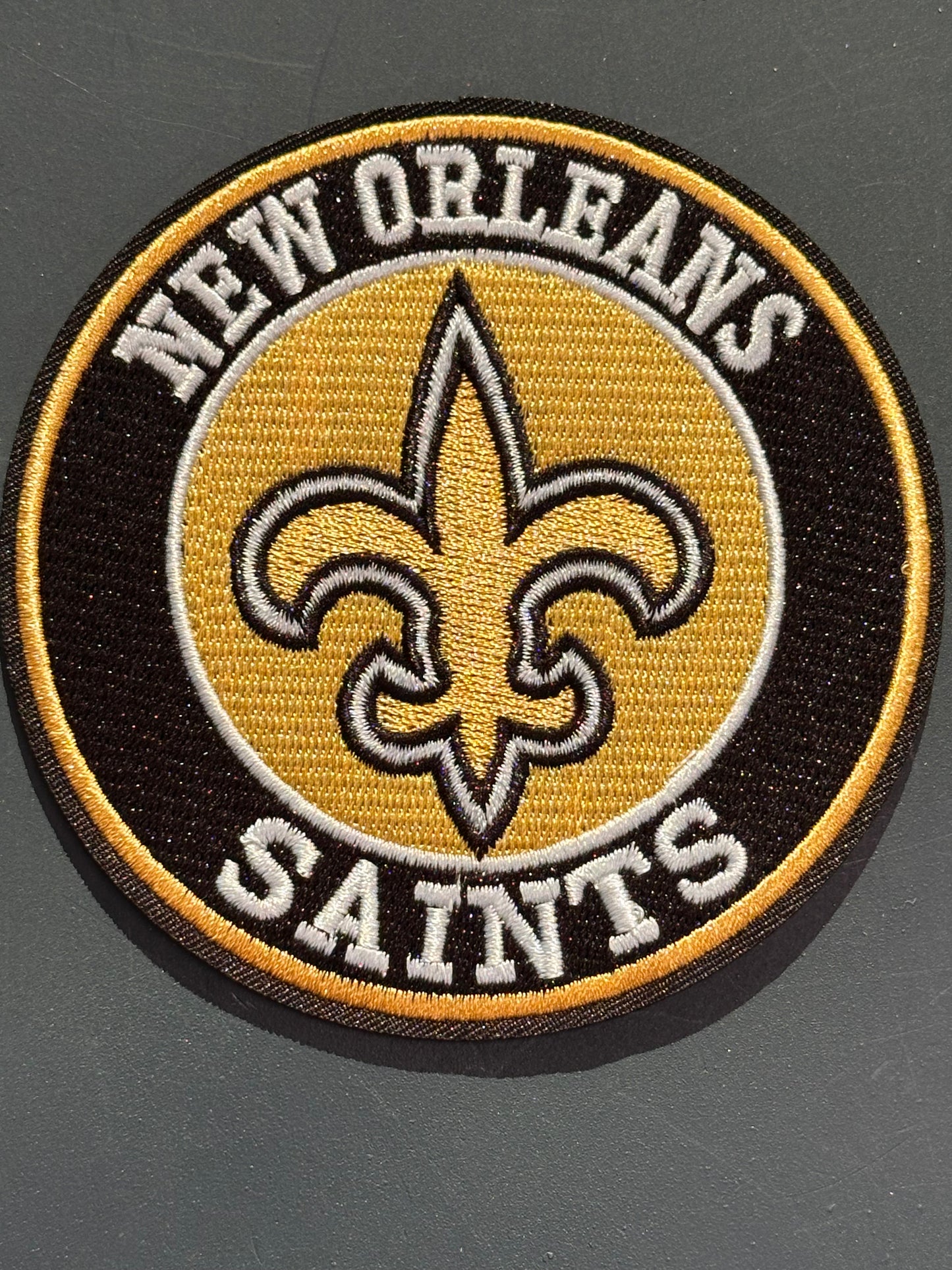 NEW ORLEANS SAINTS /EMBROIDERED IRON ON PATCH/ SIZE APPROX 4" ROUND/ QUALITY MATERIAL/FABRIC PATCHES/FOOTBALL TEAM