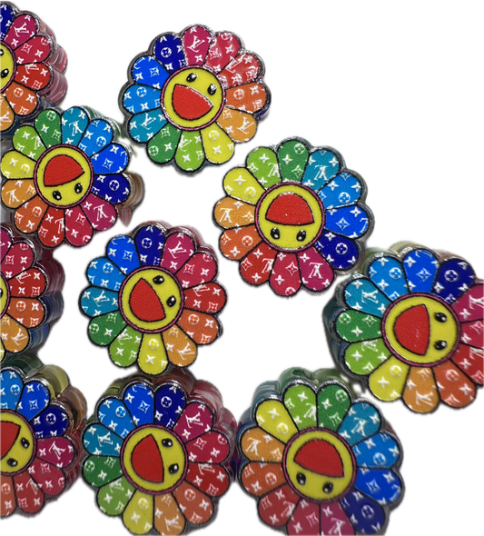 Colorful flower smiley face acrylic focal bead- set of 2/ focal bead/ pen beading / keychain bead