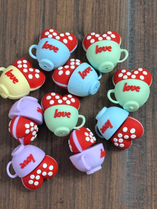 3D Heart in cup beads/ beadable pen/ Silicone bead/ keychain bead/Valentines Day hearts/ red heart bead/ tea cup