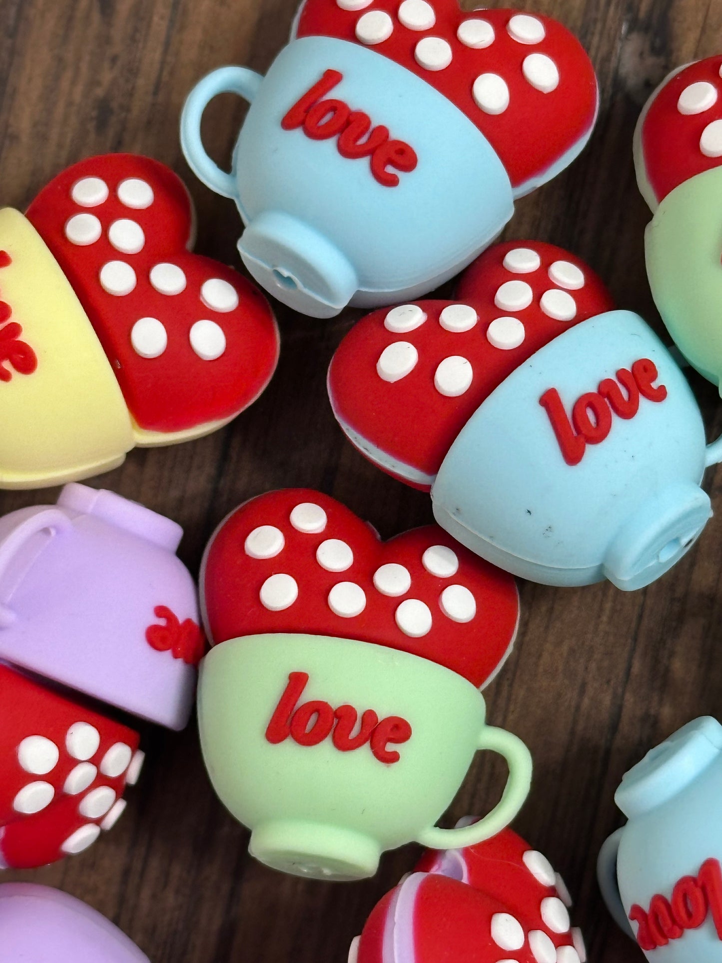3D Heart in cup beads/ beadable pen/ Silicone bead/ keychain bead/Valentines Day hearts/ red heart bead/ tea cup