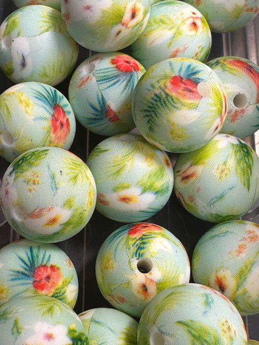 Flowery printed beads /15 mm round shaped/beadable pen/ keychain bead/10 beads included/