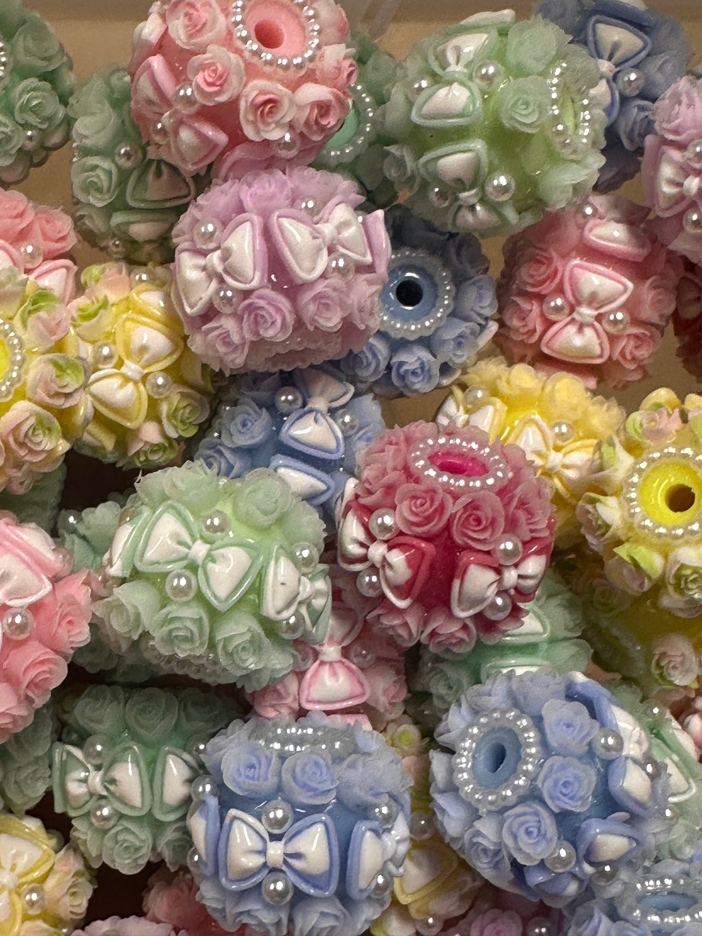 Handmade Beads – Pastel Roses and Bows with Pearls / elegant handcrafted beads/ bows and mini pearl beads/