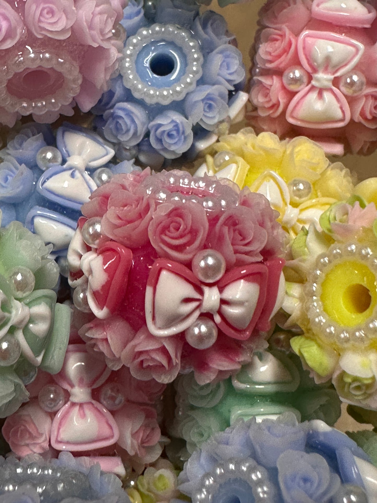 Handmade Beads – Pastel Roses and Bows with Pearls / elegant handcrafted beads/ bows and mini pearl beads/