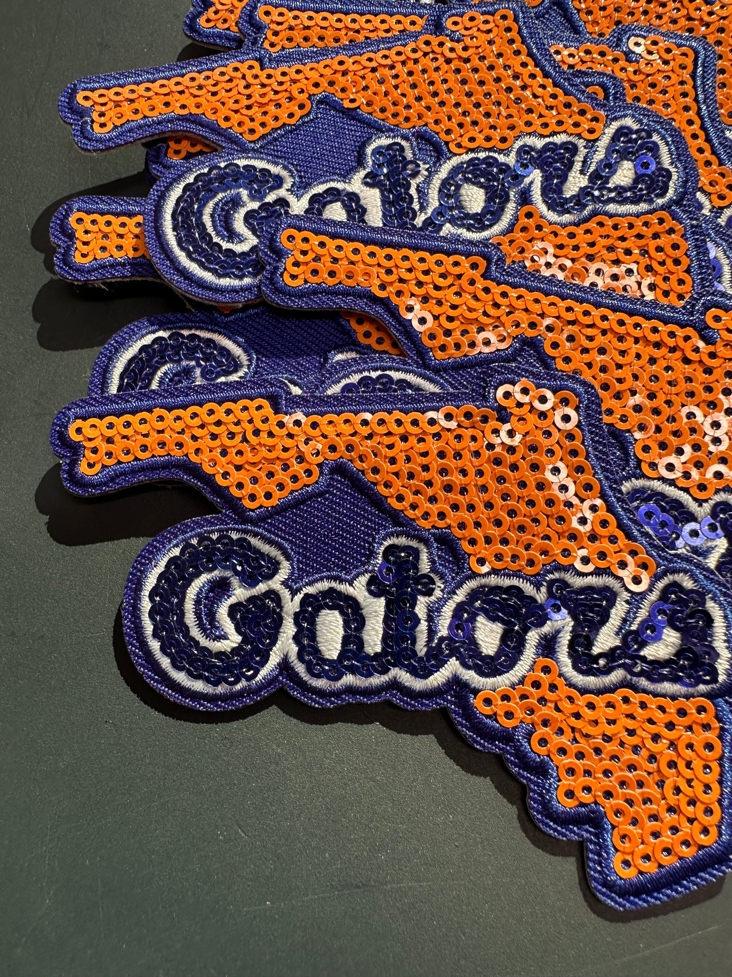 FLORIDA GATORS SEQUINED EMBROIDERED IRON ON PATCH/ SIZE APPROX 4" x 3"/ QUALITY MATERIAL/FABRIC PATCHES/FOOTBALL TEAM