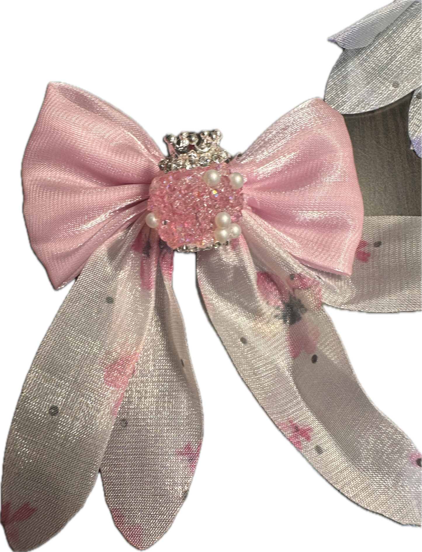 Large fancy rhinestones crown beads with floral satin bow