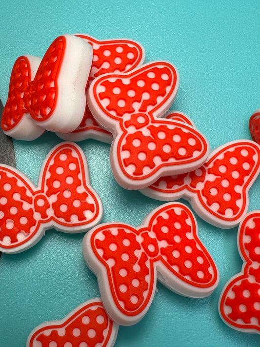 Red polka dot bow silicone focal bead/silicone bead/ pen beading/keychain bead