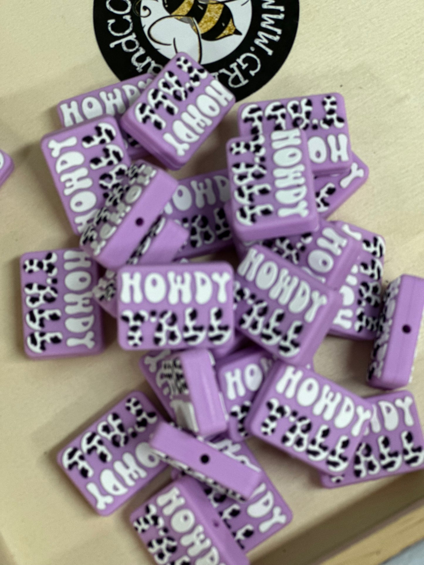 Howdy silicone focal bead/ pen beading/ cow spots/ cow print / lilac