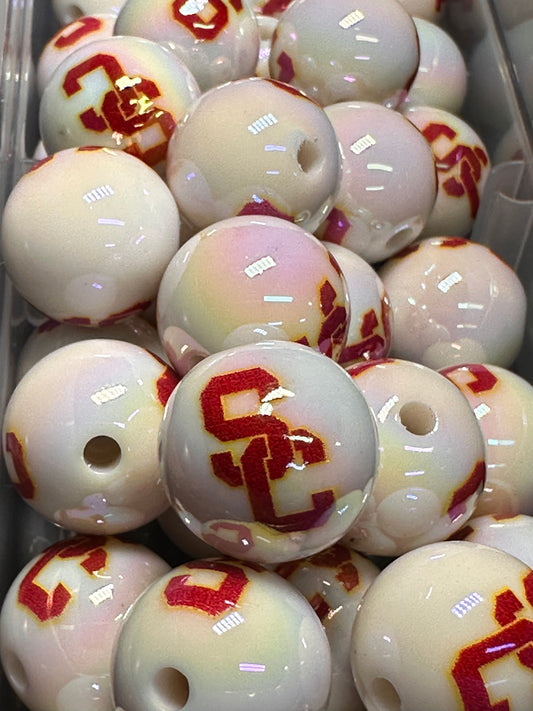 Acrylic college football on glossy white beads/ sports team bead/ beadable pen/ keychain bead/16 mm-set of 10