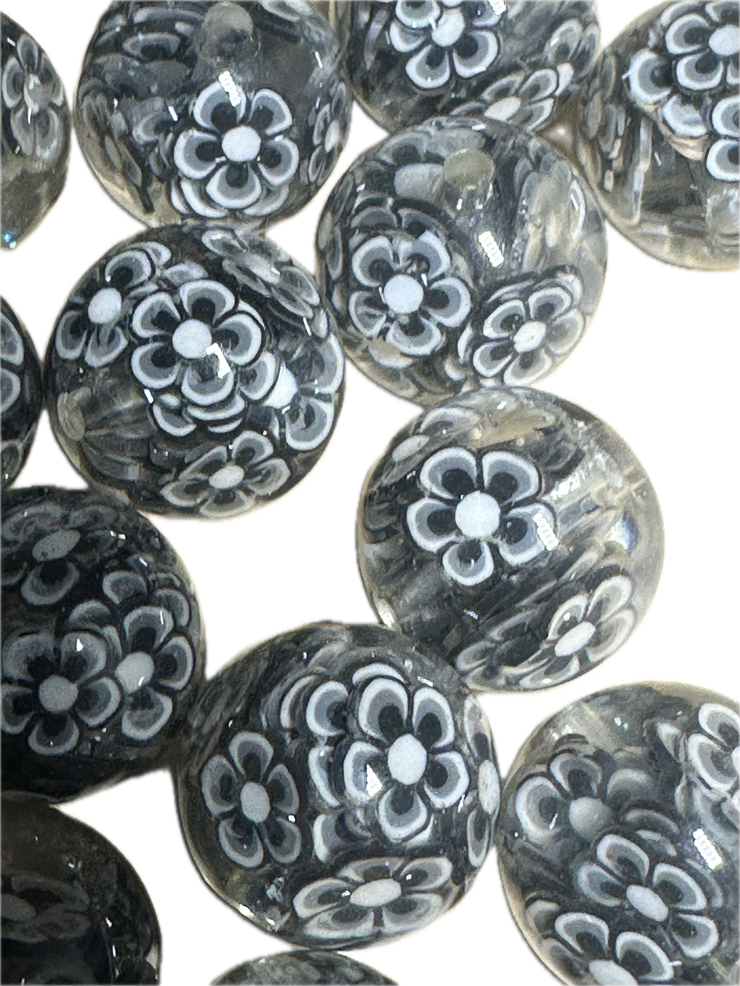 20mm resin beads with black and white flowers inside/ set of five (5) 20mm beads/ infused beads/ pen beading beads/ beautiful / keychain beads/ DIY