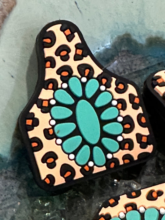 Cow tag silicone focal bead/ leopard print / turquoise/ western