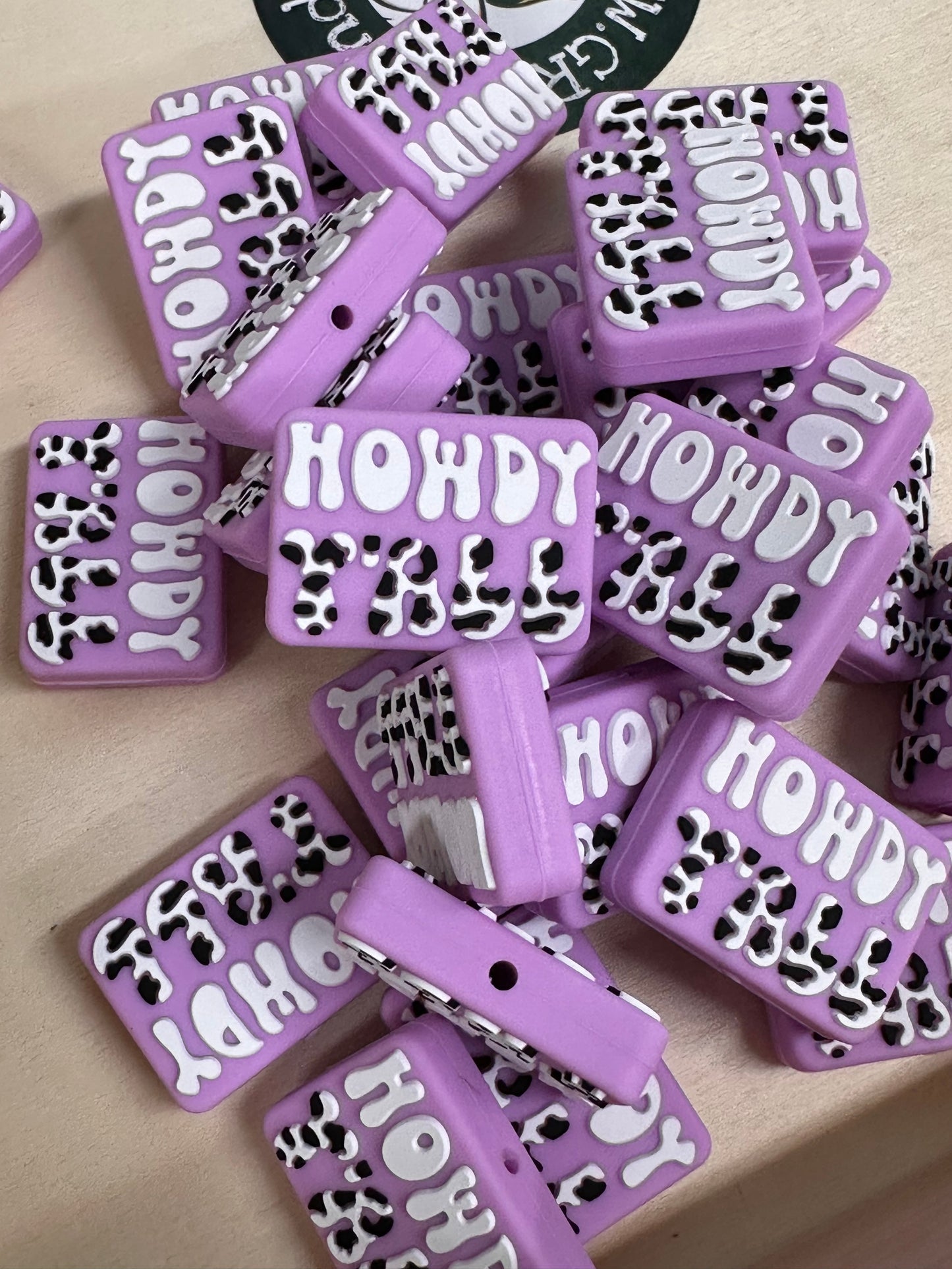 Howdy silicone focal bead/ pen beading/ cow spots/ cow print / lilac