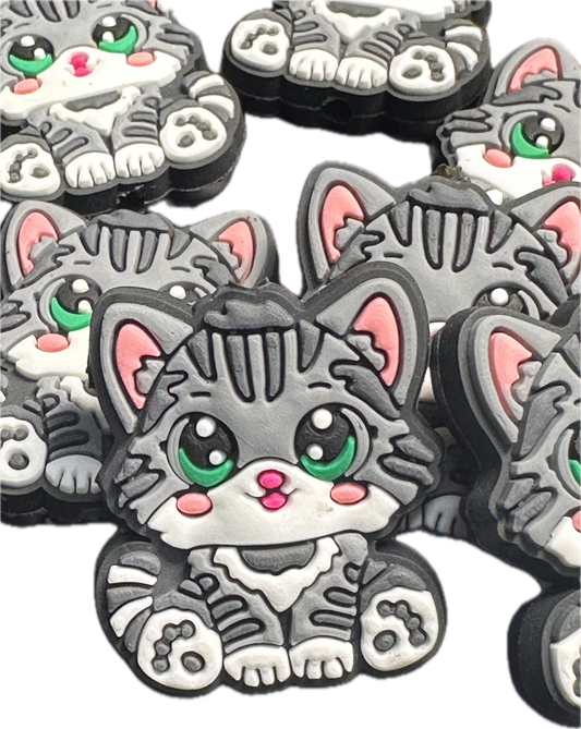 Grey Tabby cat focal bead/ beadable pen/ Silicone  bead/ animal/ keychain bead/ kitty/