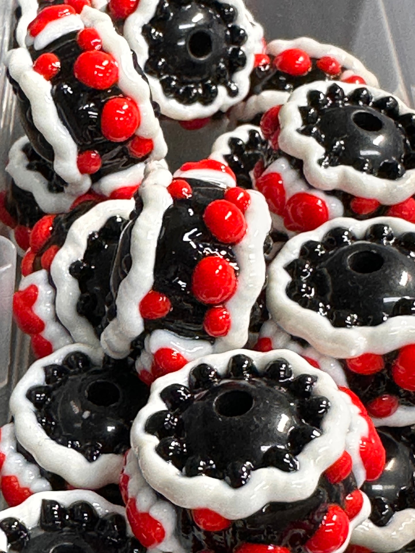 Hand painted handmade Beads – elegant handcrafted beads/hearts and bows beads/ fancy beads/ red white and black/ set of 5