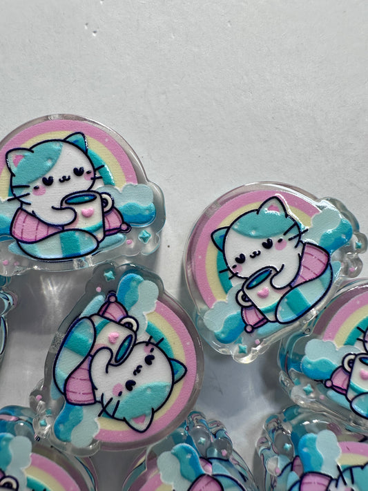 Cat drinking coffee acrylic focal bead- set of 2 different beads/ focal bead/ pen beading / keychain bead