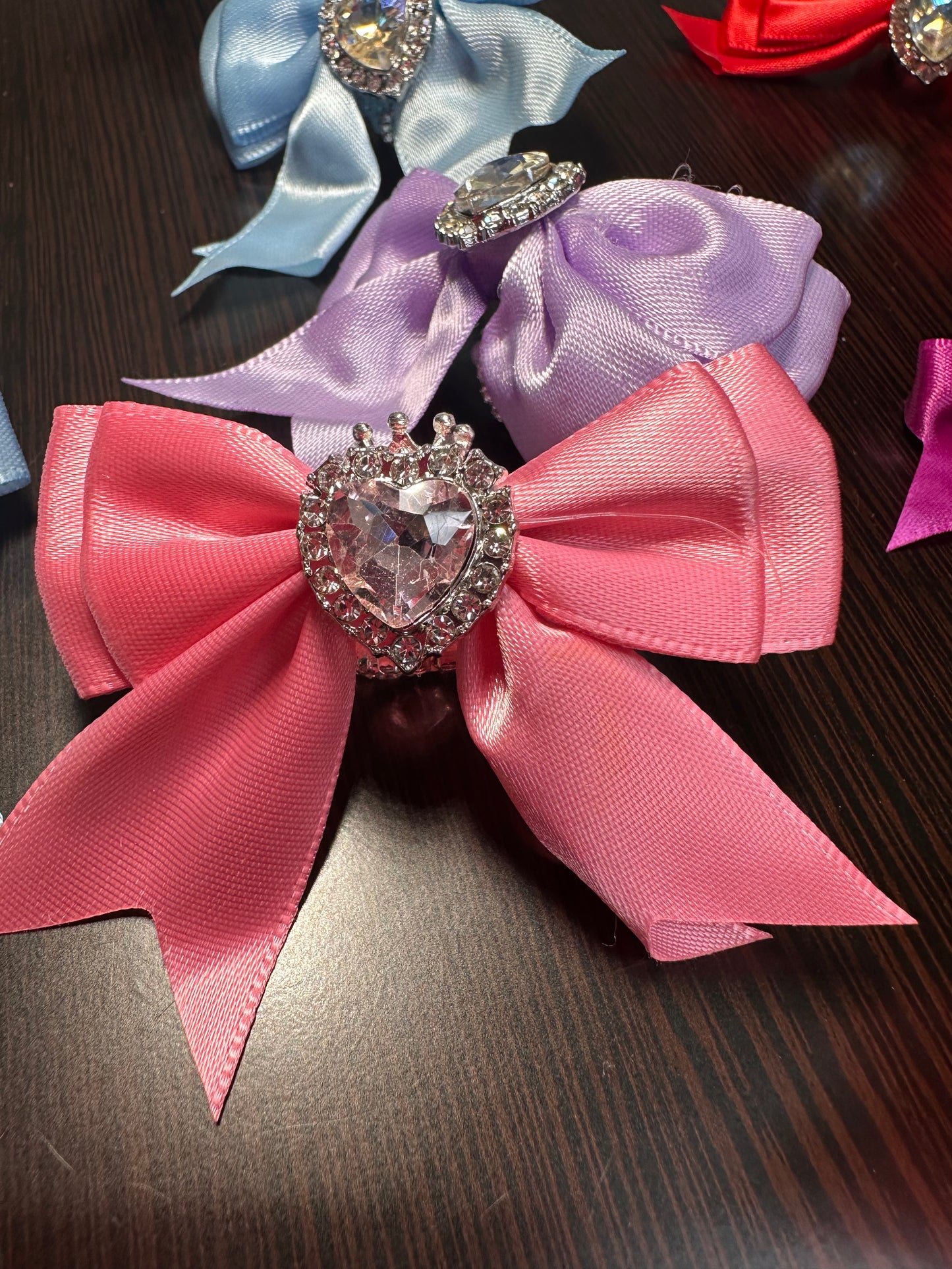 Large fancy rhinestones crown beads with satin bow