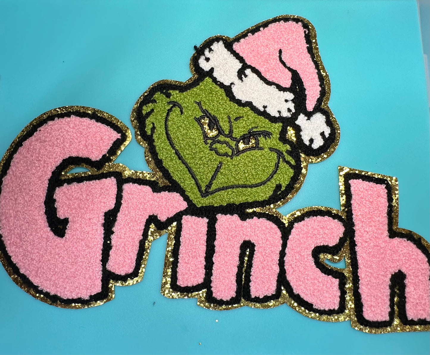 EVERYONES FAVORITE GROUCHY CHRISTMAS HATER PATCH LARGE APPROX.  11 X 7.5 -PINK