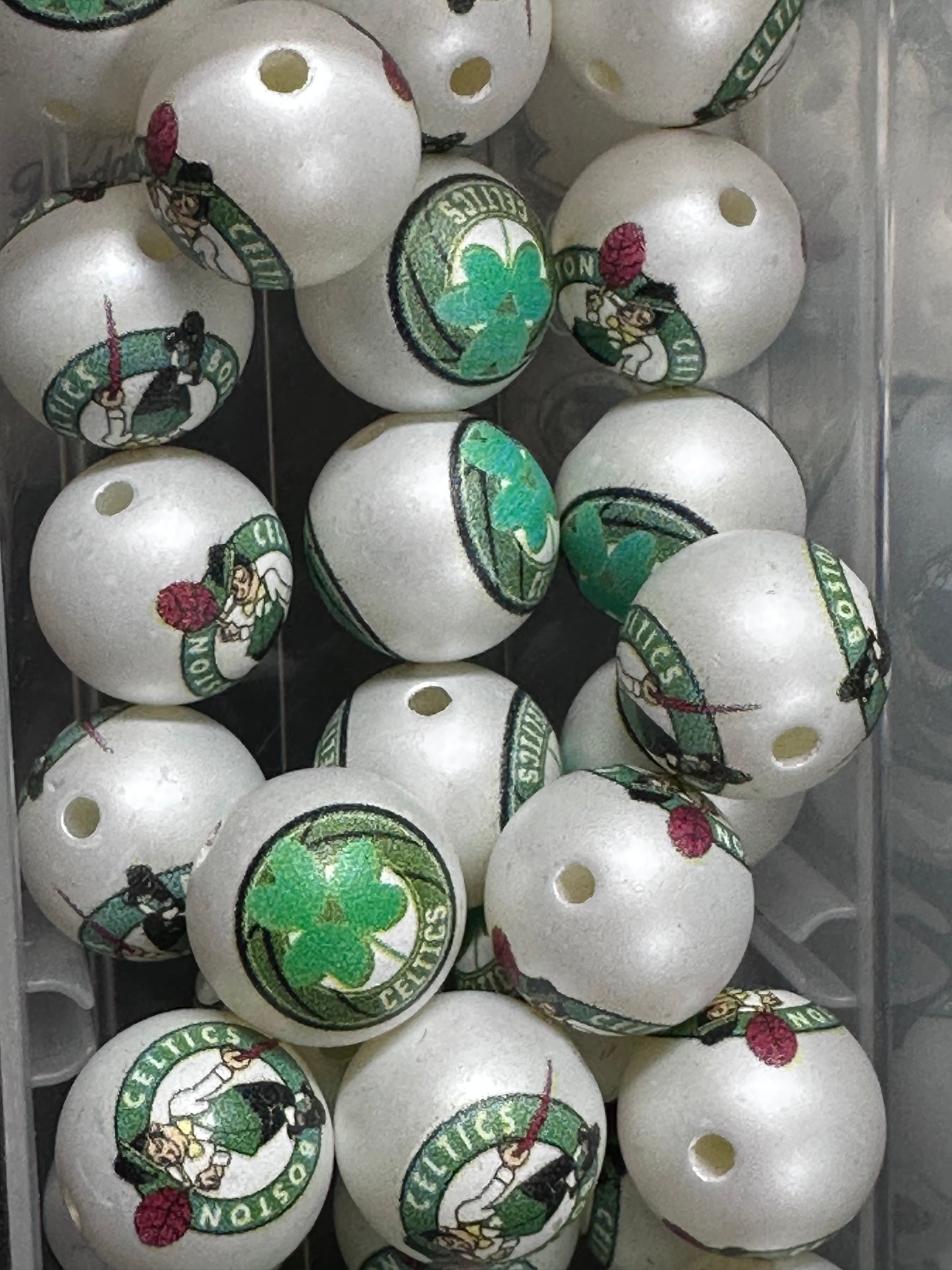 16mm Sports Print Beads • Set of 10 • Great for Pens, Keychains & Crafts- Boston Celtics