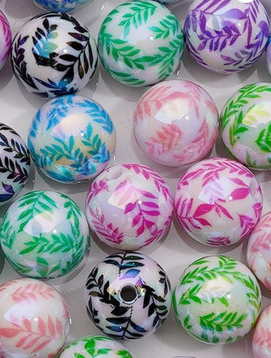 Assorted color vines on white jelly beads/ Ten (10) acrylic assorted colors pattern round shaped beads included/ jewelry Bead/ beadable pen beads/ keychain bead/ DIY/ shiny unique 16mm beads UV coated/