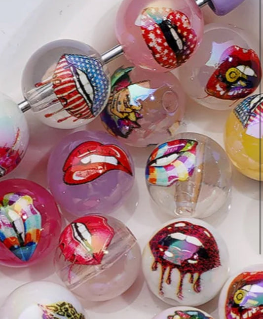 Assorted Lips on white, clear, and pastel jelly beads/ Ten (10) acrylic assorted styles lips pattern round shaped beads included/ jewelry Bead/ beadable pen beads/ keychain bead/ DIY/ shiny unique 16mm beads UV coated/ Patriotic