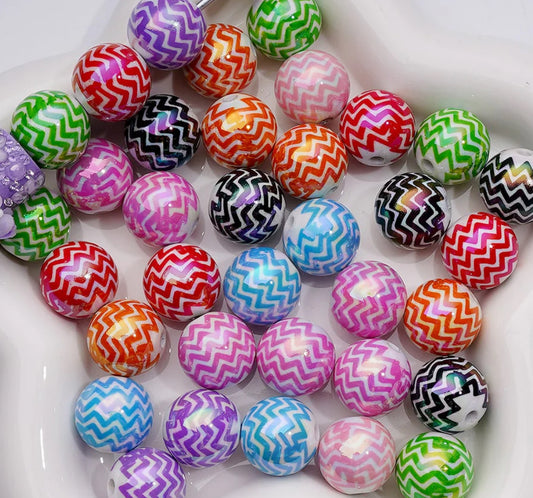Assorted color zig zag stripes on white jelly beads/ Ten (10) acrylic assorted colors round shaped beads included/ jewelry Bead/ beadable pen beads/ keychain bead/ DIY/ shiny unique 16mm beads UV coated/