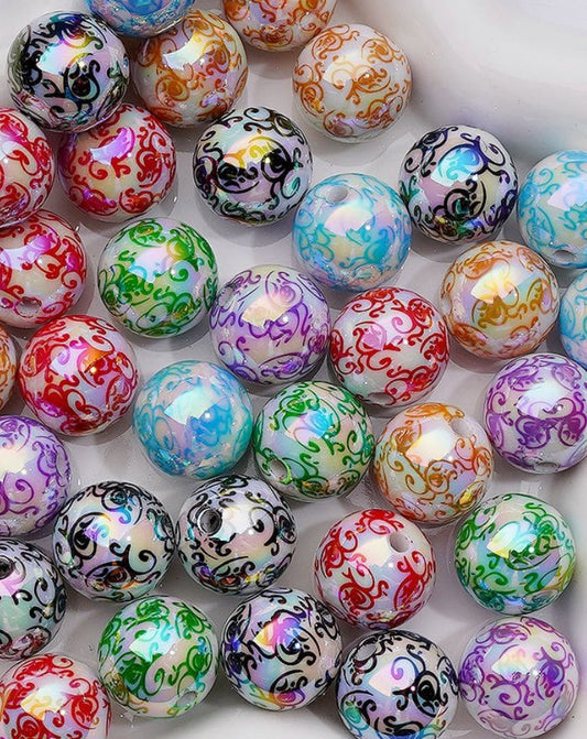 Assorted color doodle vines on white jelly beads/ Ten (10) acrylic assorted colors pattern round shaped beads included/ jewelry Bead/ beadable pen beads/ keychain bead/ DIY/ shiny unique 16mm beads UV coated/