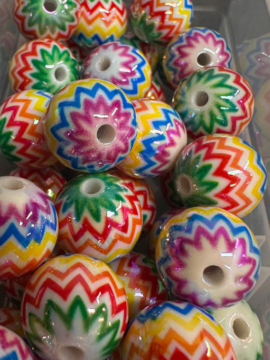Multicolored zig zag stripes on white jelly beads/ Ten (10) acrylic multicolored round shaped beads included/ jewelry Bead/ beadable pen beads/ keychain bead/ DIY/ shiny unique 16mm beads UV coated/