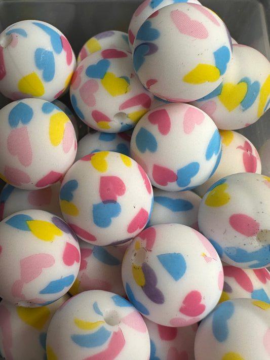 Heart printed beads /15 mm round shaped/beadable pen/ keychain bead/10 beads included/ silicone Valentine Day/