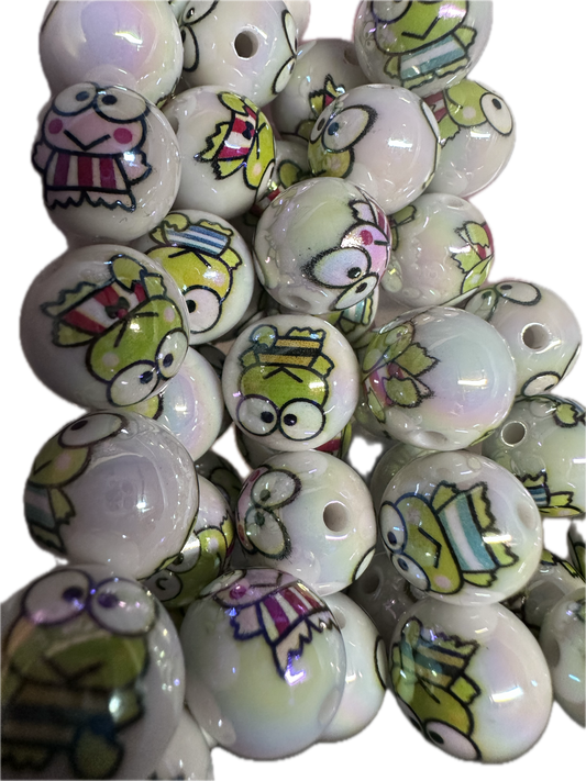 Assorted frog Kuromi on white jelly beads/ Ten (10) acrylic assorted colors pattern round shaped beads included/ jewelry Bead/ beadable pen beads/ keychain bead/ DIY/ shiny unique 16mm beads UV coated/