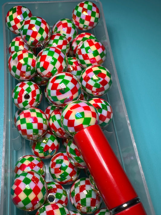 Acrylic red, green, and white checkered beads included/ Bead/ beadable pen/ keychain bead/ Christmas bead/ Ten (10) beads