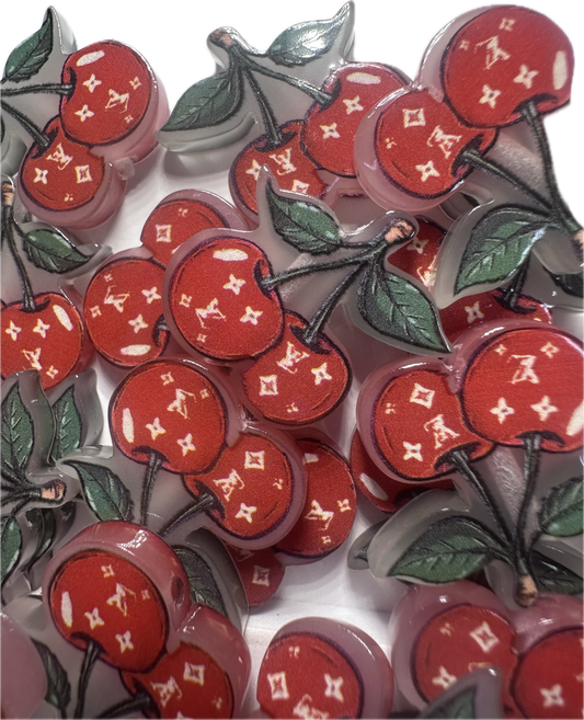 Cherries with design acrylic focal bead- set of 2/ focal bead/ pen beading / keychain bead/