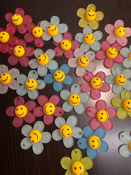 Matte Smiley face flower acrylic charms pendants/ perfect for earrings, charm bracelets, necklaces, bag charms, and so much more