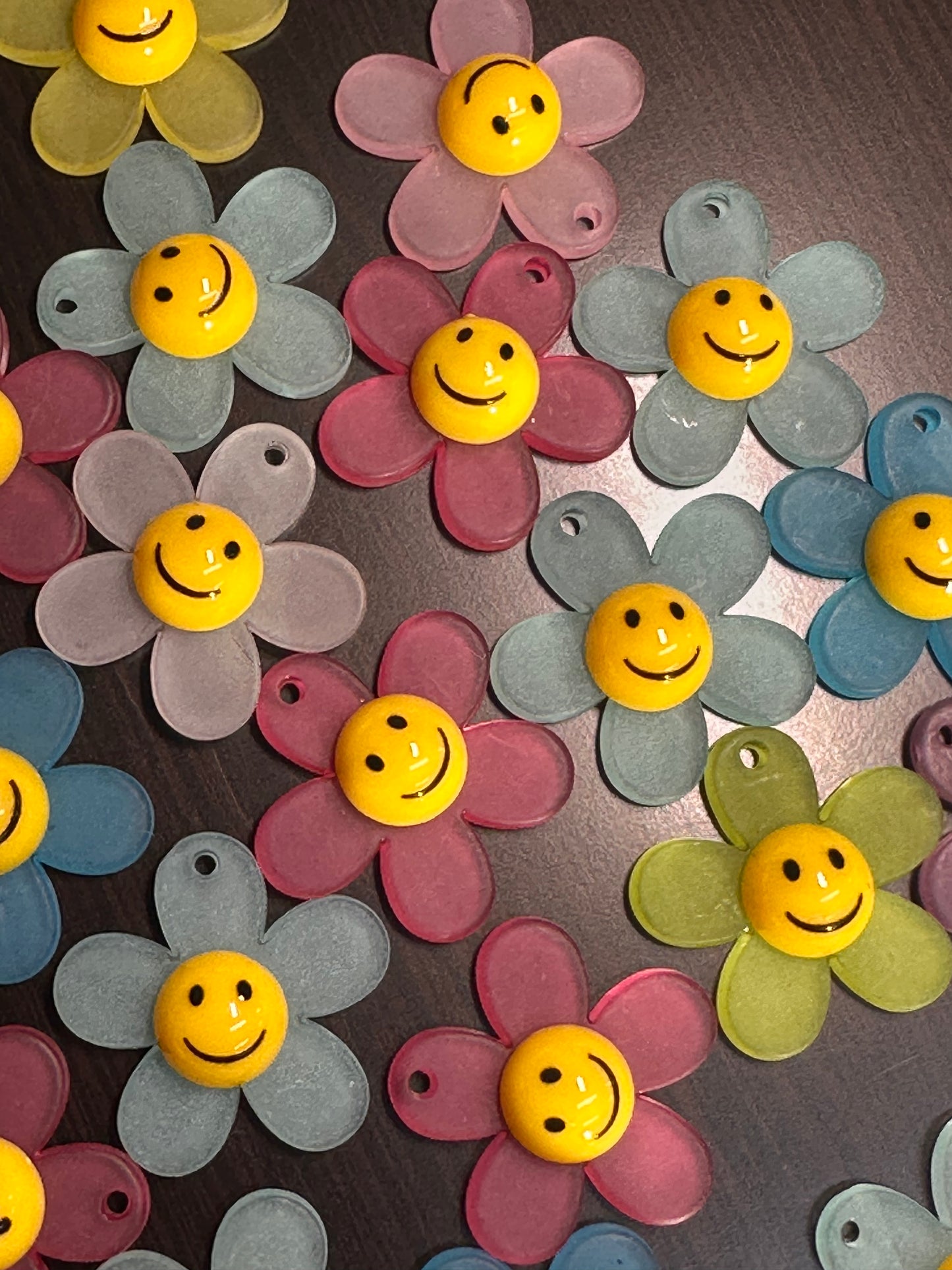 Matte Smiley face flower acrylic charms pendants/ perfect for earrings, charm bracelets, necklaces, bag charms, and so much more