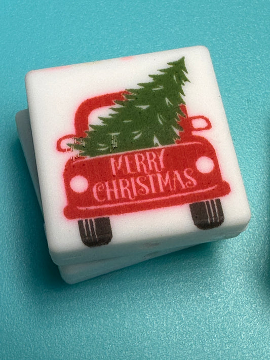 Christmas Focal Bead/ beadable pen/ Silicone bead/ keychain bead/ Merry Christmas/ red truck/ old truck/ tree