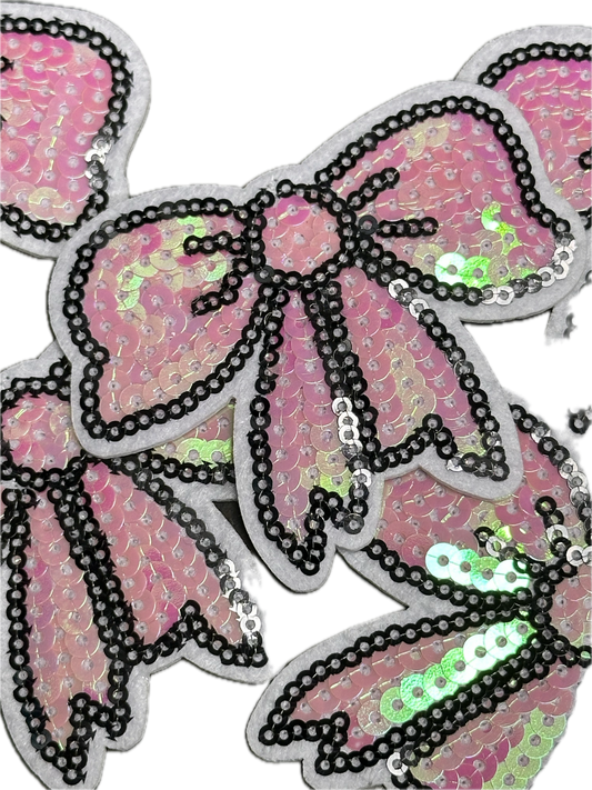 PINK BOW/IRON ON PATCH/  SIZE APPROXIMATELY 2.5 x 3.5/ SEQUIN MATERIAL/FABRIC PATCHES