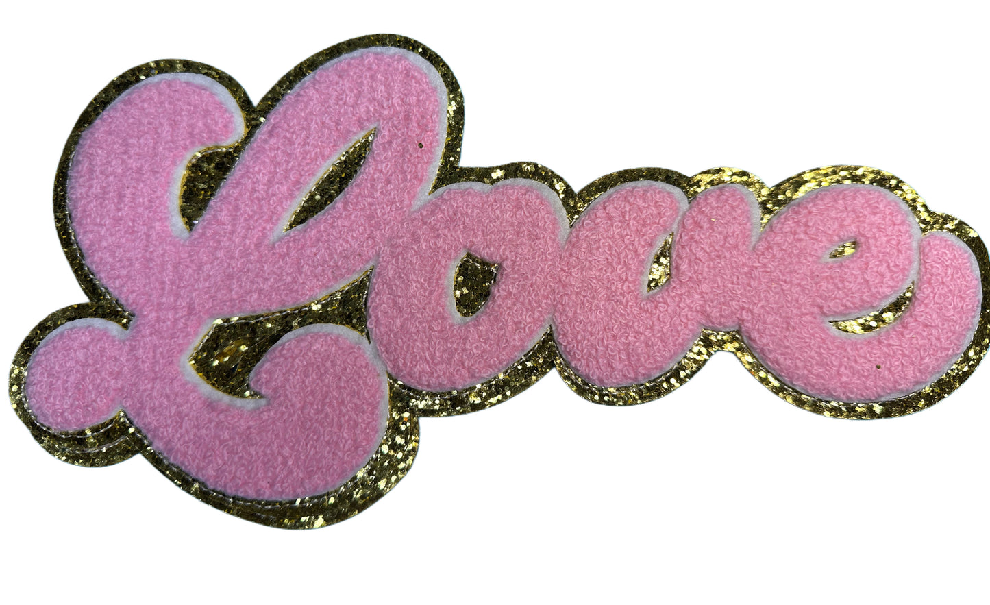 LOVE PINK AND GOLD PATCH LARGE APPROX.  5X9.5 -RED CHENILLE AND GOLD GLITTER