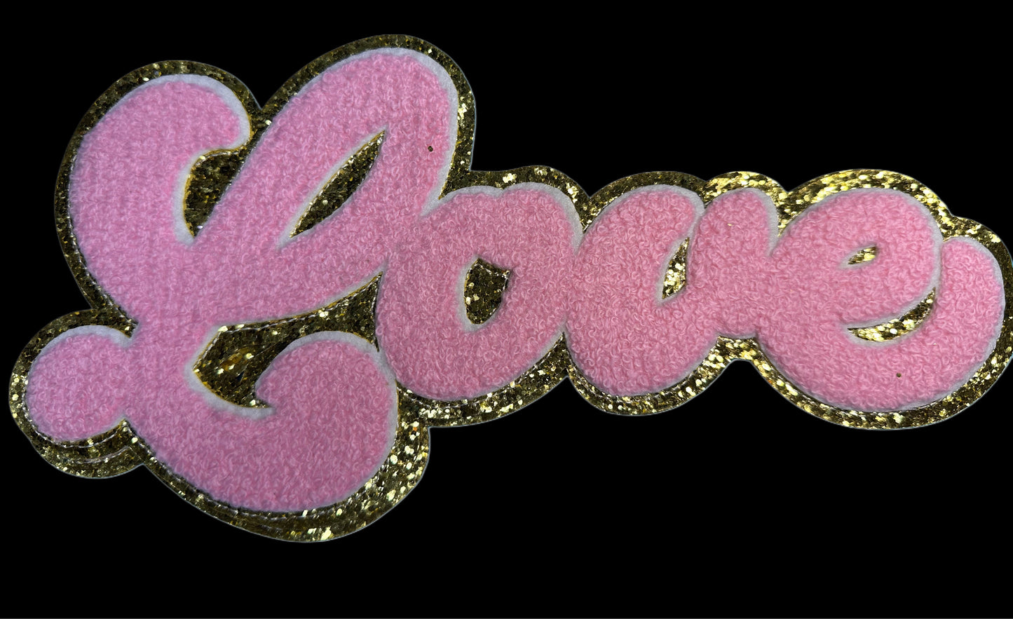 LOVE PINK AND GOLD PATCH LARGE APPROX.  5X9.5 -RED CHENILLE AND GOLD GLITTER