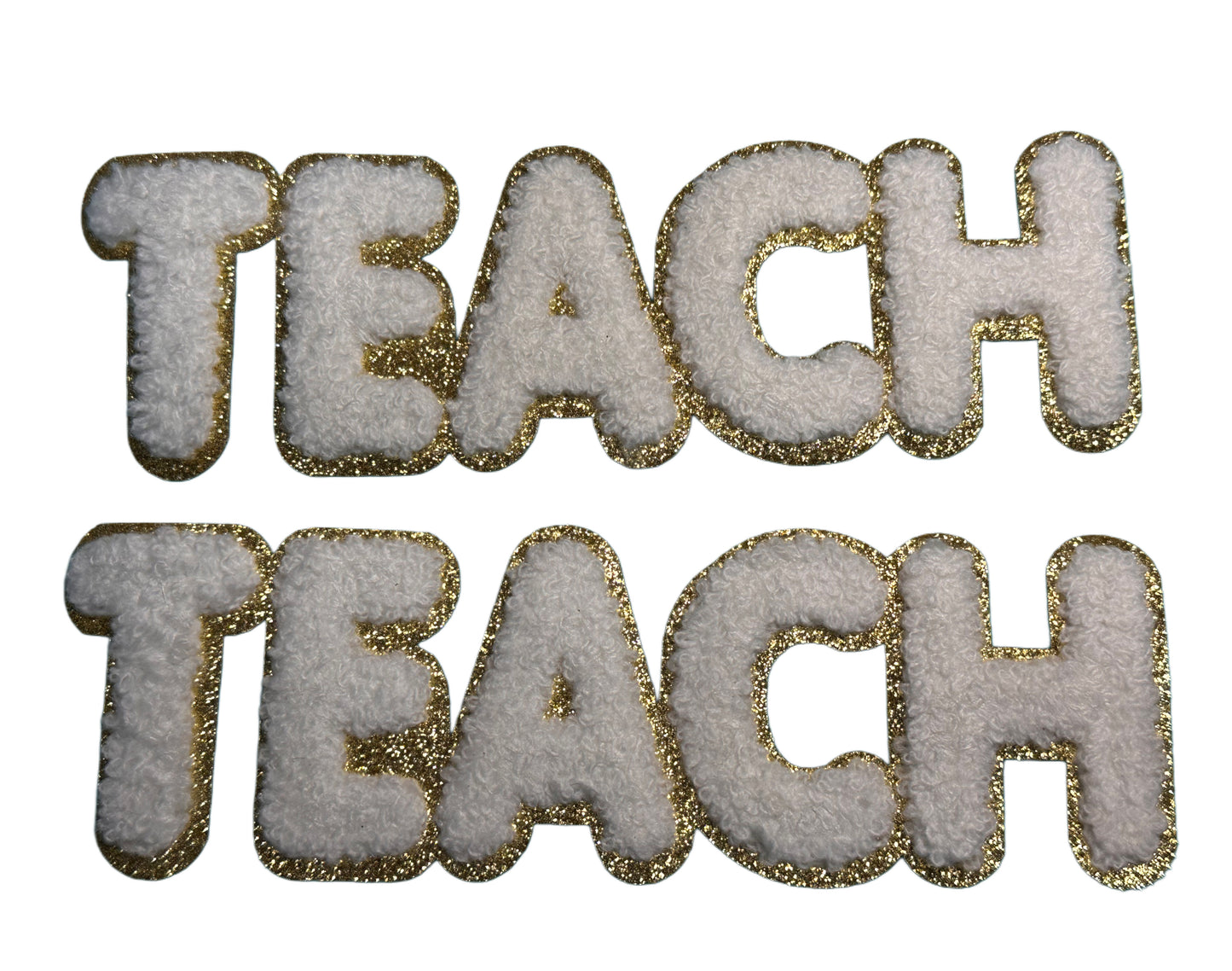 TEACH/ WHITE AND GOLD PATCH MEDIUM APPROX.  2x7 -WHITE CHENILLE AND GOLD GLITTER/ TEACHER