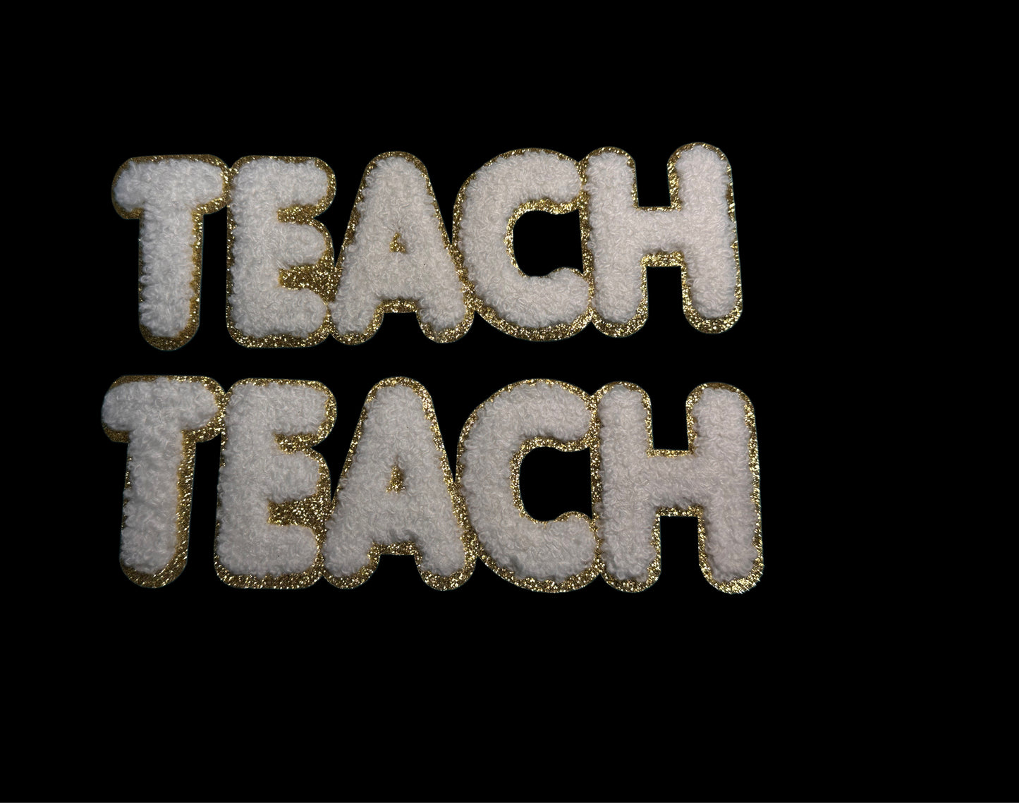 TEACH/ WHITE AND GOLD PATCH MEDIUM APPROX.  2x7 -WHITE CHENILLE AND GOLD GLITTER/ TEACHER