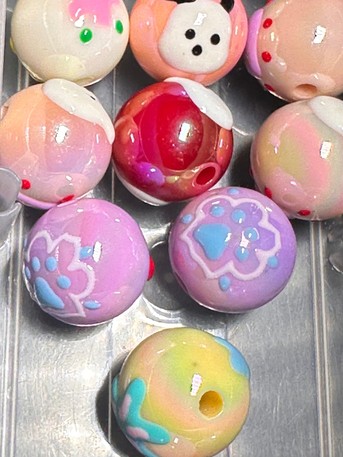 Hand painted animal themed bead /Acrylic Bead/ beadable pen/ dog bead/ keychain bead/ Includes 10 beads/ hand painted