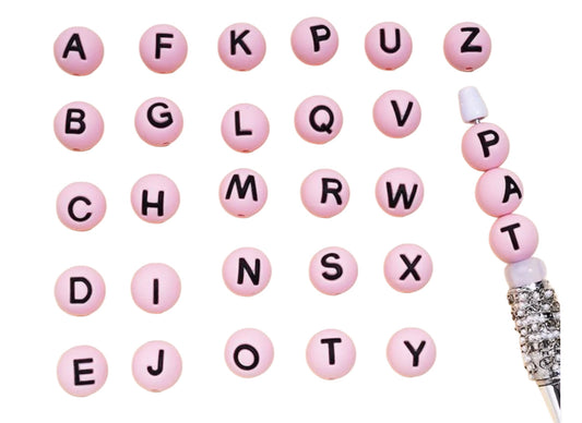 Light Pink color alphabet letter set silicone round beads/ 26 beads included/15 mm/ pen/ keychain beads/ hole top to bottom/ hard to find beadperfect for beadable pens and keychain DIY/