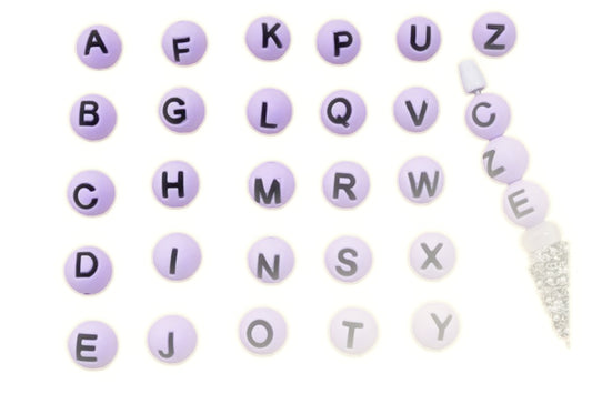 Lilac color alphabet letter set silicone round beads/ 26 beads included/15 mm/ pen/ keychain beads/ hole top to bottom/ hard to find beads/ perfect for beadable pens and keychain DIY/