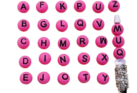 Dark Pink color alphabet letter set silicone round beads/ 26 beads included/15 mm/ pen/ keychain beads/ hole top to bottom/ hard to find beadperfect for beadable pens and keychain DIY/