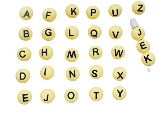 Yellow color alphabet letter set silicone round beads/ 26 beads included/15 mm/ pen/ keychain beads/ hole top to bottom/ hard to find beadperfect for beadable pens and keychain DIY/