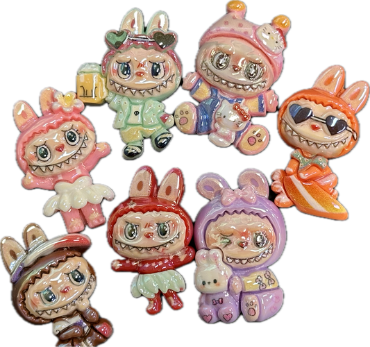 Labubu monster acrylic beads/ Ten (10) beads included assorted styles / flat backed beads/ will fit pen beading beads / keychain beads/ DIY/approx. 22mm x 25mm